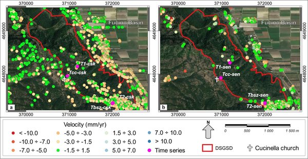 Carta del tasso di dislocazione medio per: a) la costellazione COSMO-SkyMed (intervallo 2011–2014), orbita discendente; b) la costellazione SENTINEL-1 (intervallo 2016–2019), orbita discendente.