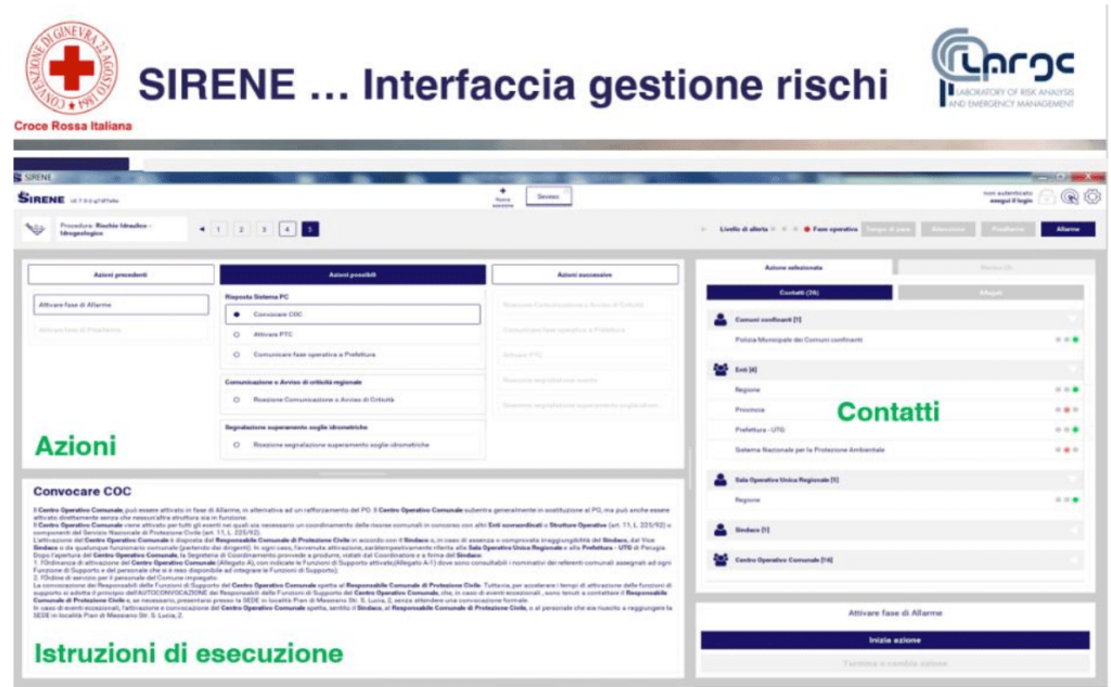 Fig. 4 – Modulo DSS di SIRENE: il modulo supporta il gestore dell’emergenza “suggerendo” le azioni da eseguire, le istruzioni di esecuzione, i responsabili di ogni azione, i documenti da emettere, le risorse disponibili per fronteggiare l’emergenza.