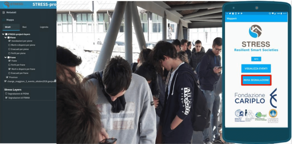 Fig. 6 – Alternanza Scuola/Lavoro nell’ambito del Progetto STRESS. Gli studenti di alcune scuole secondarie di secondo grado , tramite la Mobile App “Map…però” progettata e sviluppata dal team di ricerca di STRESS, stanno segnalando alcune criticità osservate lungo un corso d’acqua.