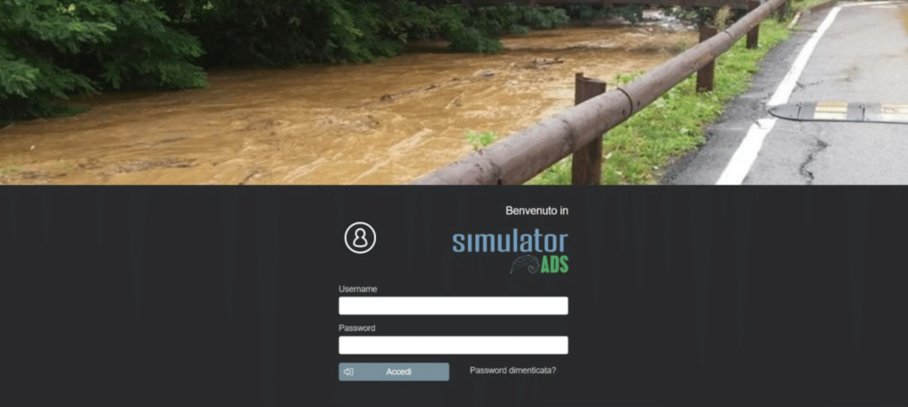 Fig. 7 – Portale di accesso al progetto SIMULATOR-ADS che fornisce un supporto informatico dedicato ai Sindaci e agli Operatori di Protezione Civile, utile a preparare e gestire le emergenze connesse a eventi di natura idraulico / idrogeologica, sismica, chimico / industriale e incendio boschivo / interfaccia.